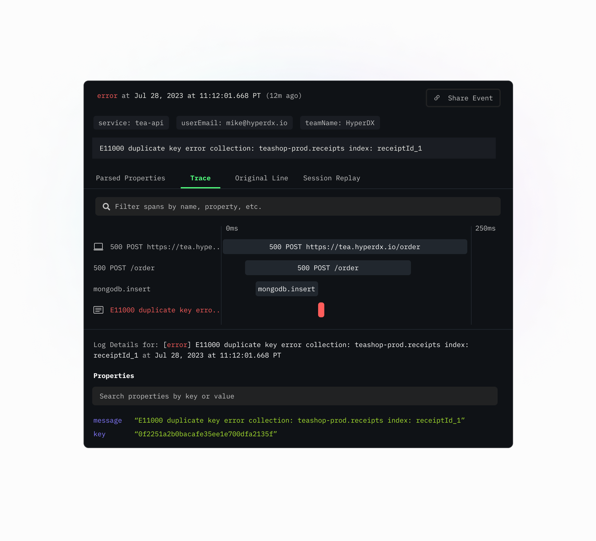 Correlate logs and spans all in one trace view